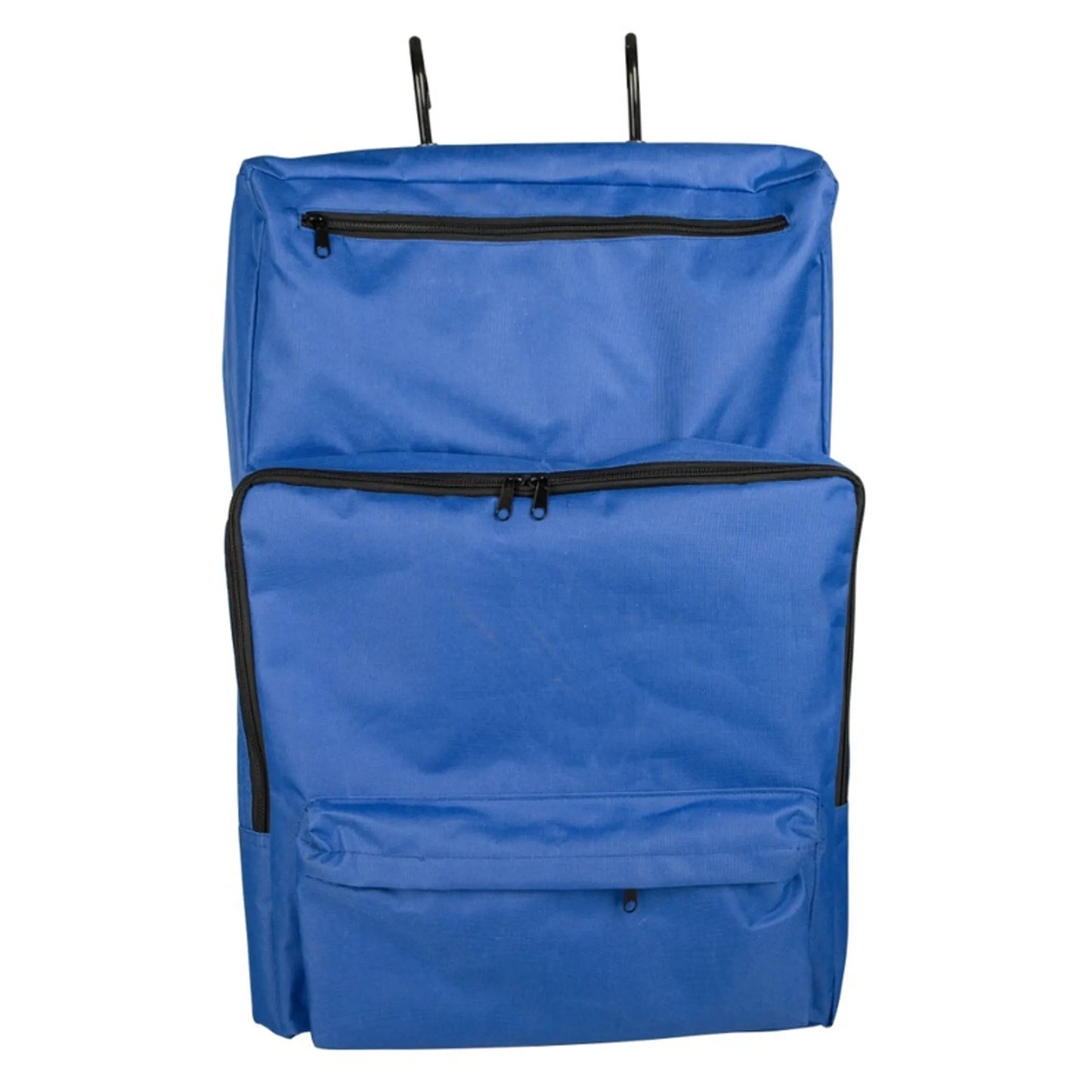 Blue fabric TuffRider Portable Hanging Tack Carrier Bag with multiple zippered compartments and hooks for hanging.