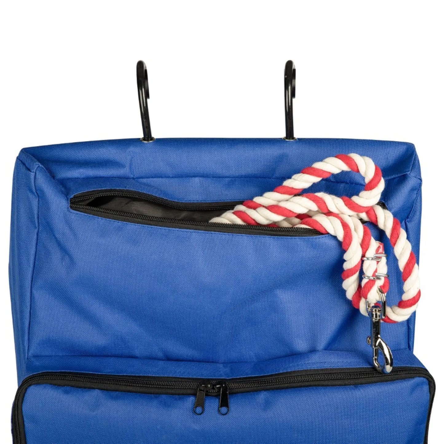 TuffRider Portable Hanging Tack Carrier Bag in blue with zippered pockets and hanging hooks, holding a red and white rope lead
