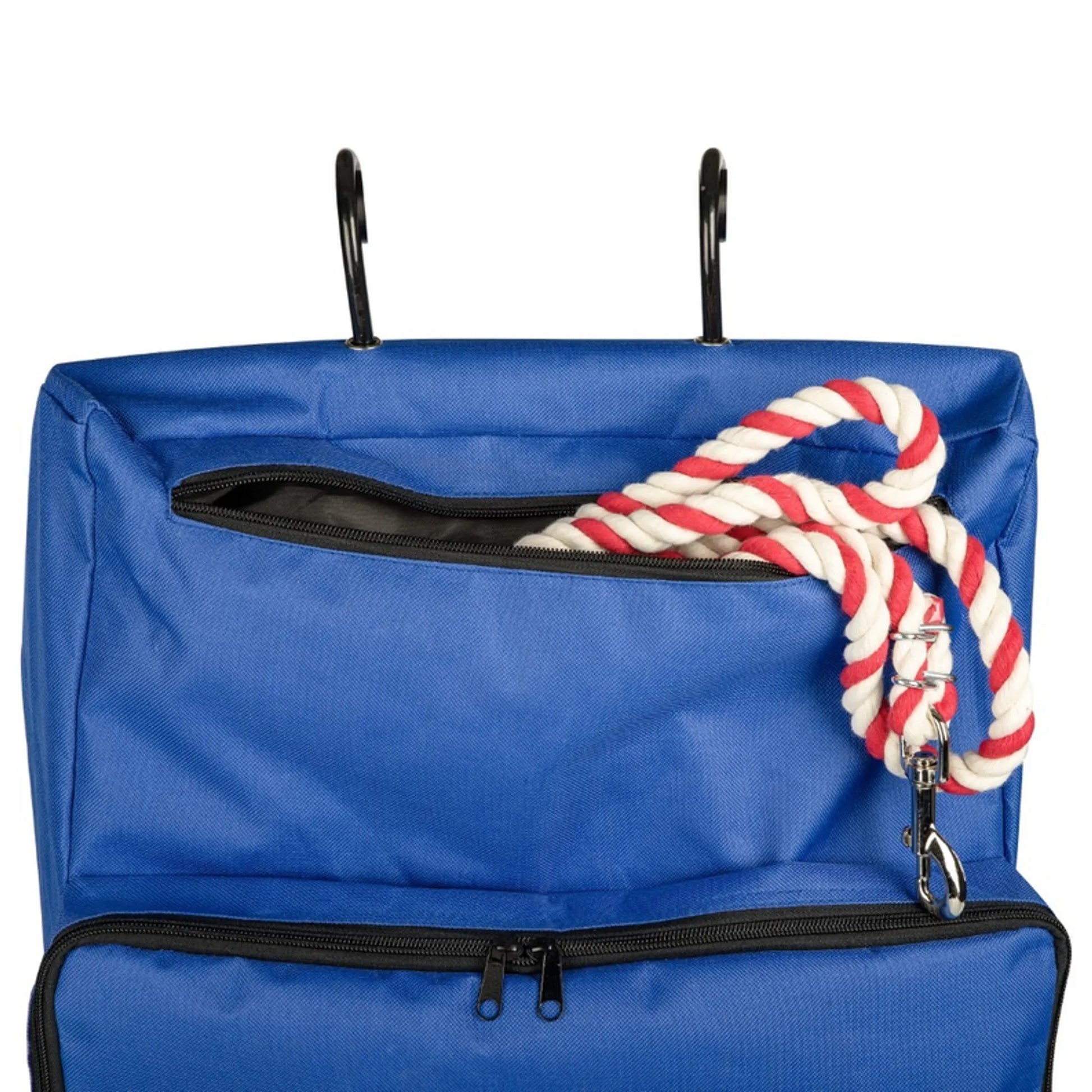 TuffRider Portable Hanging Tack Carrier Bag in blue with zippered pockets and hanging hooks, holding a red and white rope lead