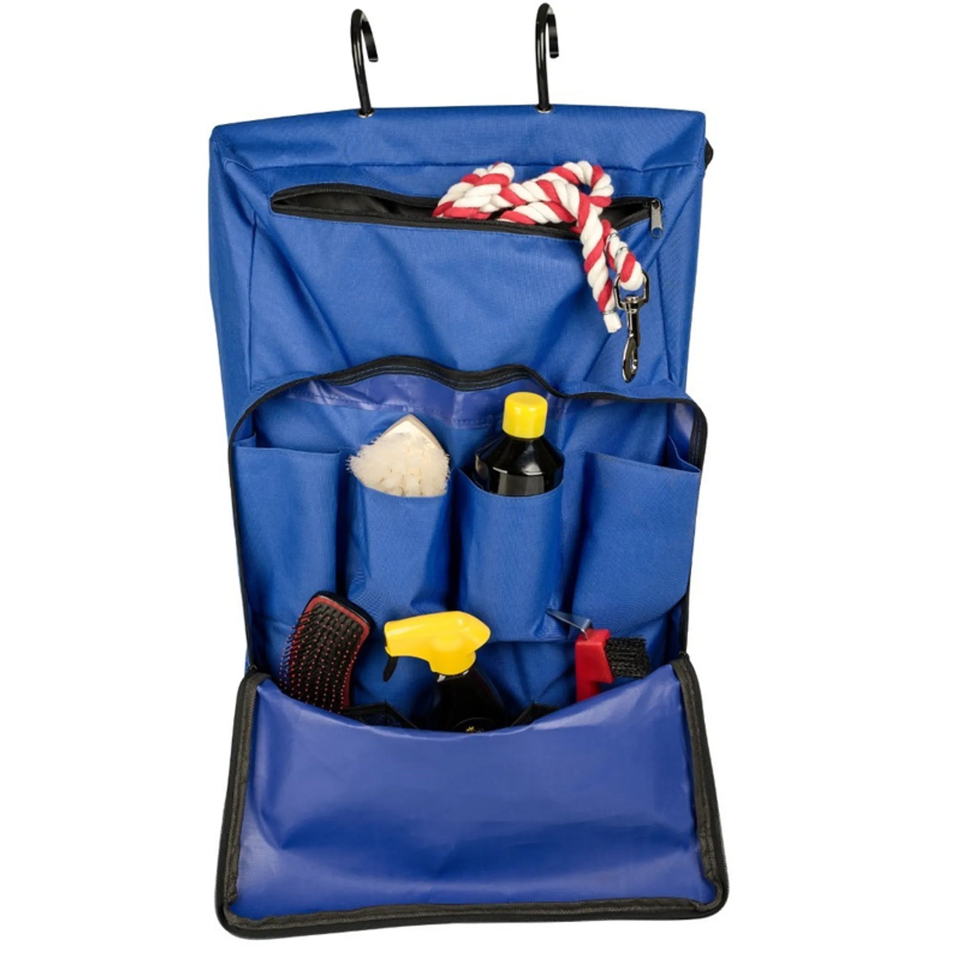 TuffRider Portable Hanging Tack Carrier Bag in blue, organized with grooming tools and equestrian supplies inside.