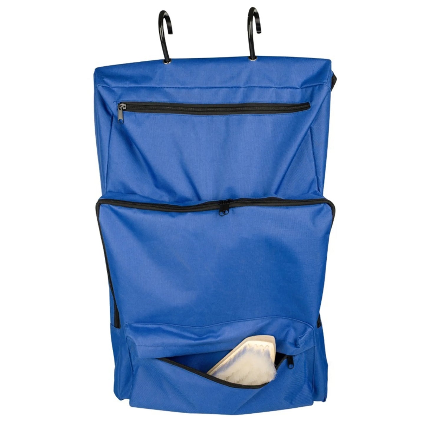TuffRider Portable Hanging Tack Carrier Bag in blue with multiple zippered compartments and hooks for storage.