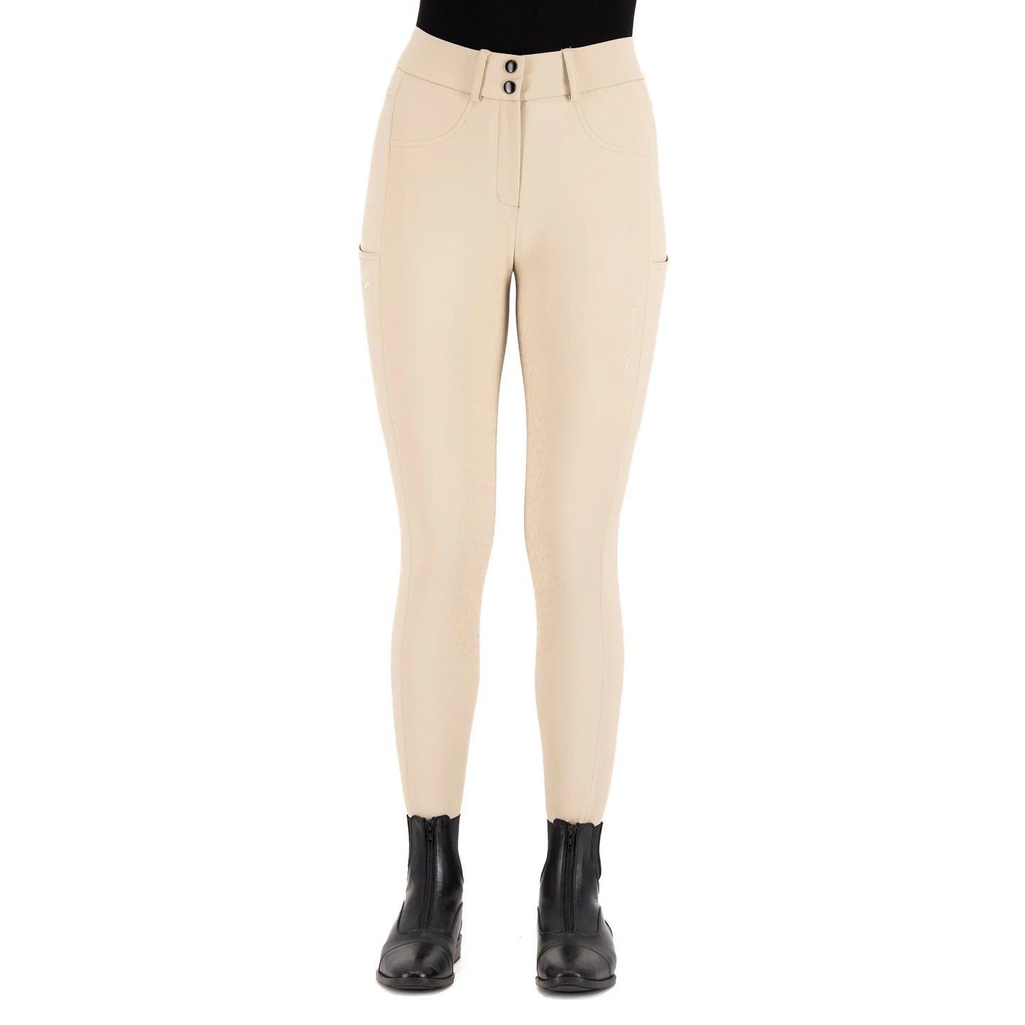 Euro-star Riding breeches ESEmpressive FullGrip-Beige - 32 shown front view worn with black boots on white background