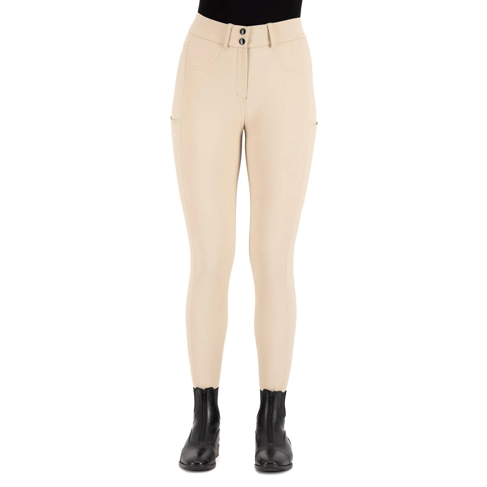 Euro-star Riding breeches ESEmpressive FullGrip-Beige - 32 displayed on a model wearing black boots against white background