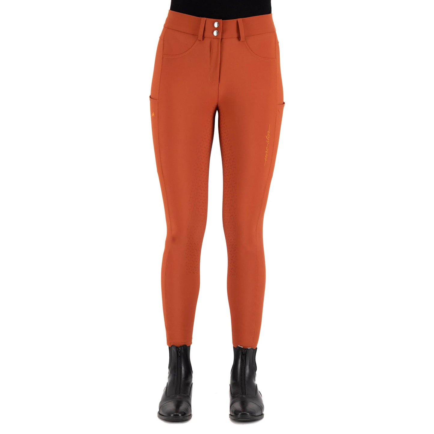 Euro-star Riding breeches ESEmpressive FullGrip-Beige - 32 shown in rust color with front pockets and black riding boots