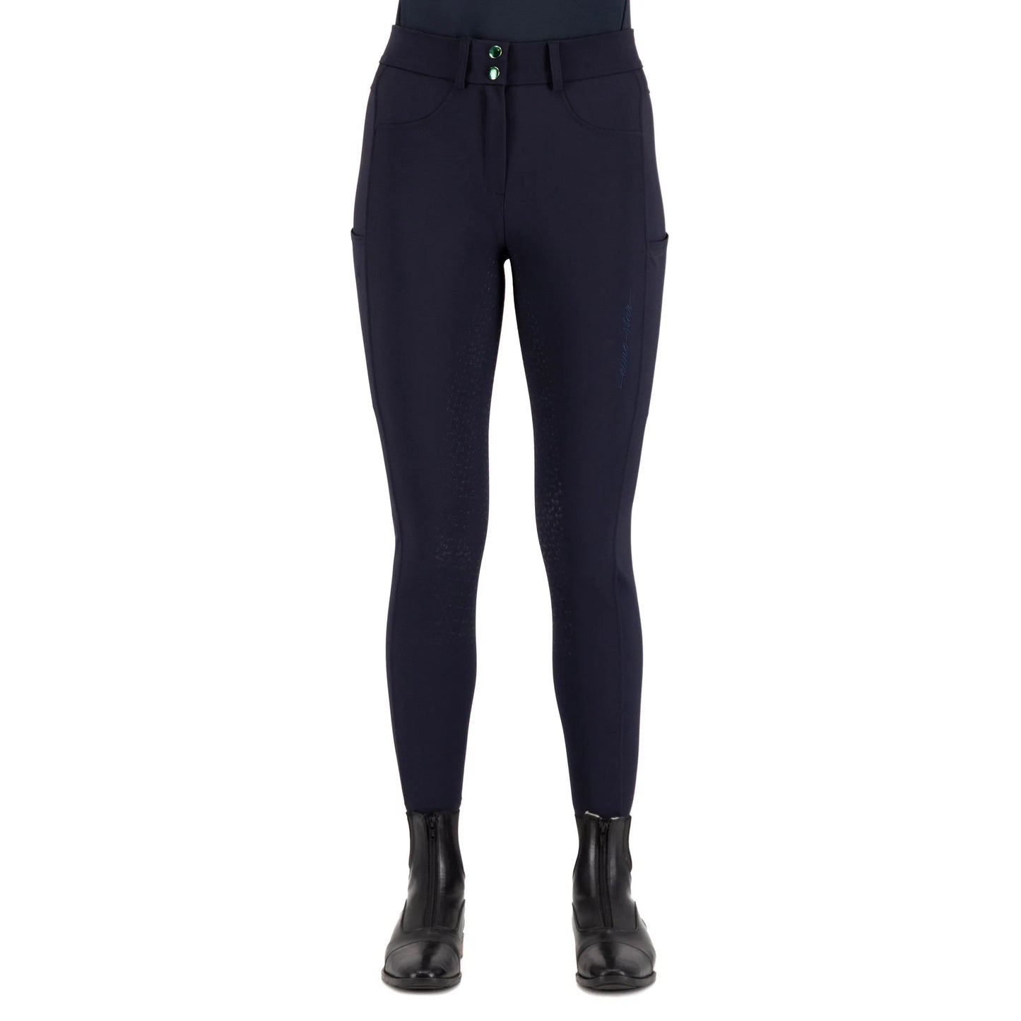Euro-star Riding breeches ESEmpressive FullGrip-Beige - 32 shown front view with black riding boots, equestrian gear