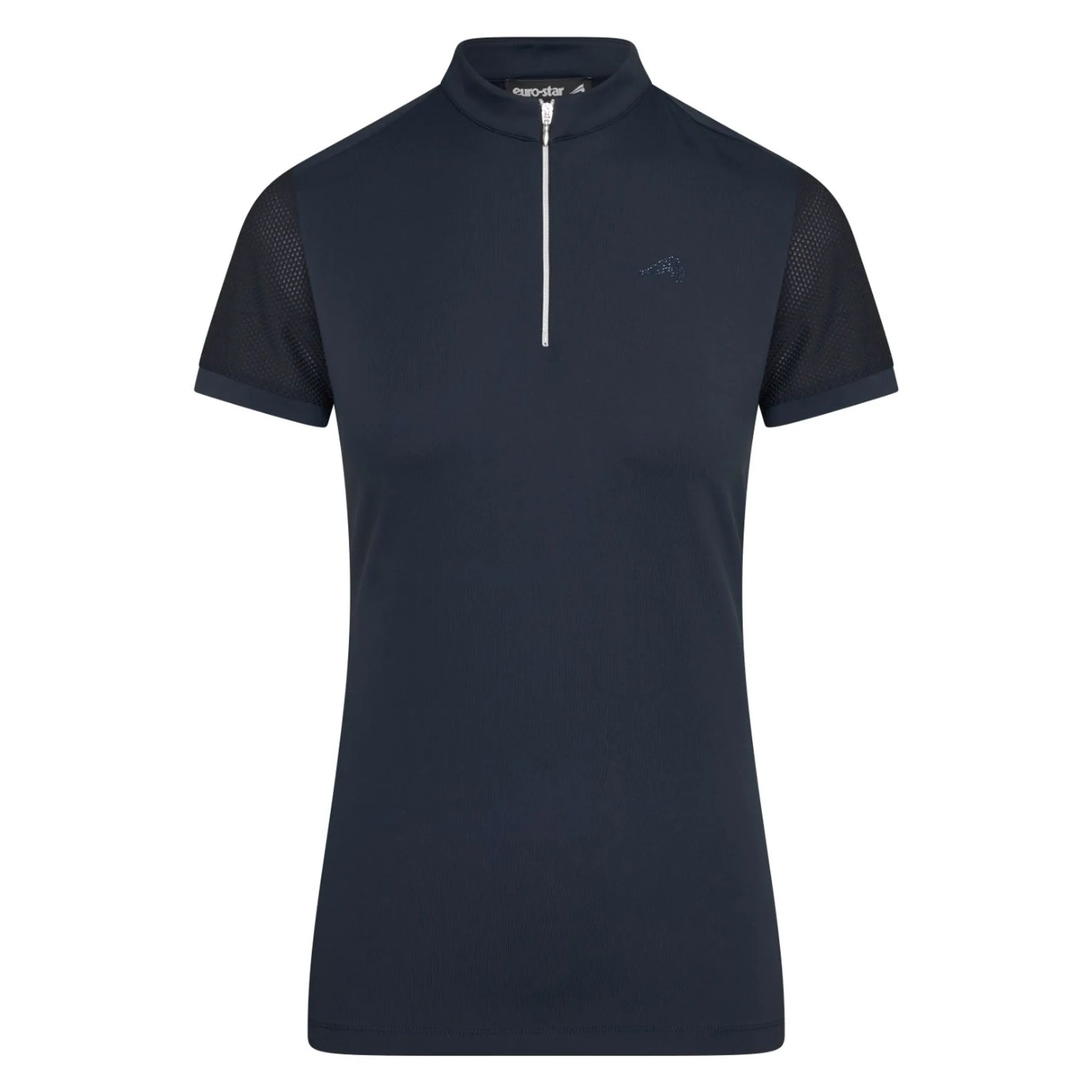 Euro-Star ES Valentina Half-Zip Top-Navy-2XL with short mesh sleeves and a quarter zip collar for equestrian use.