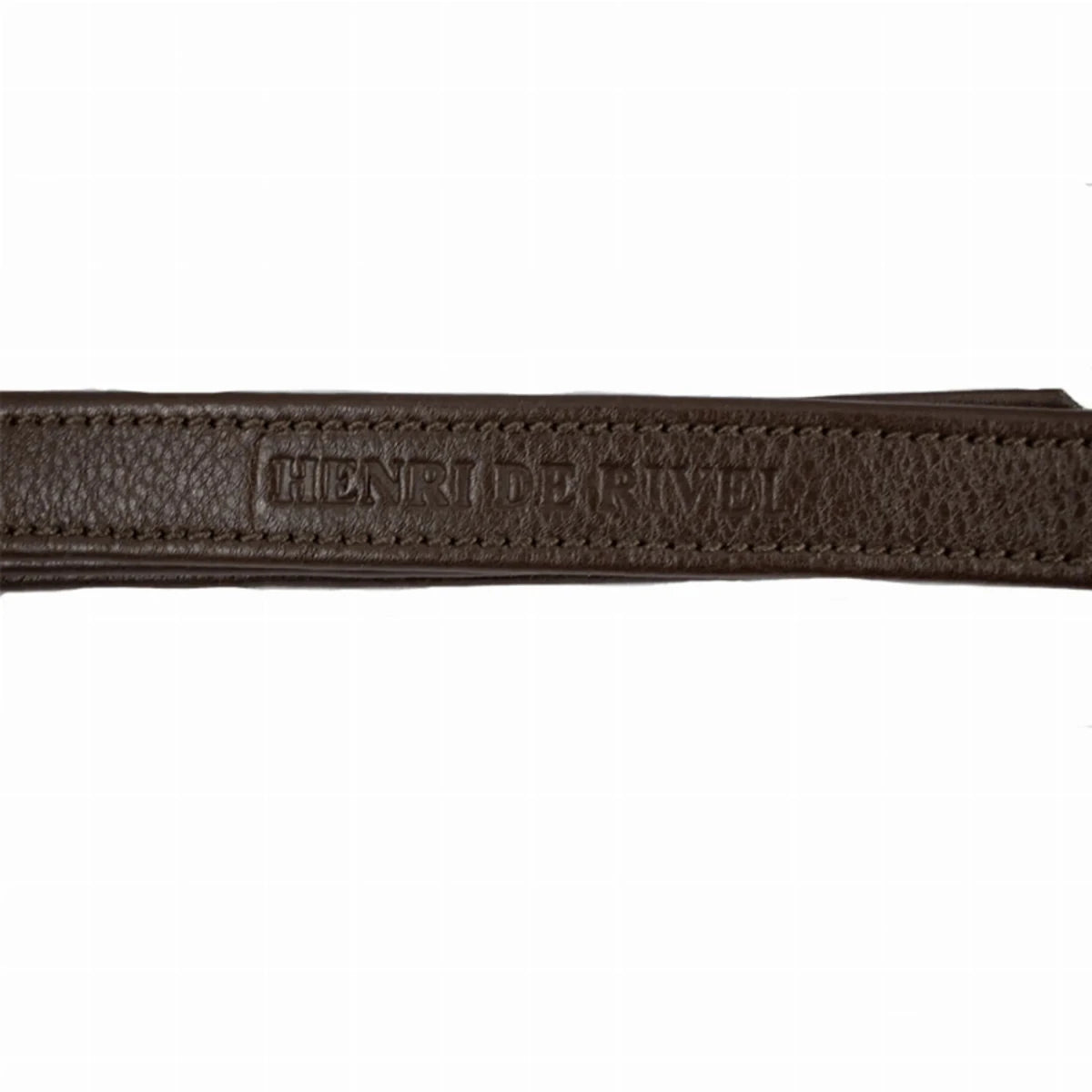 Close-up of brown leather Henri de Rivel Leadline Triple Covered Stirrup Leather with embossed branding and stitching detail
