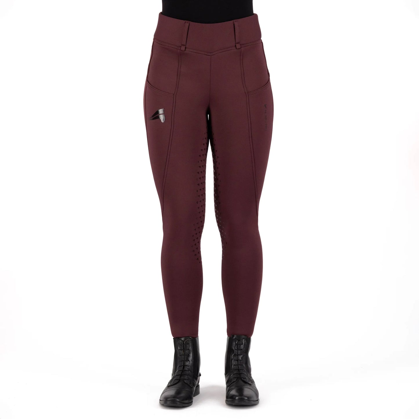 Front view of person wearing Easy Rider Riding Tights ERDon FullGrip-Black Rose-32 with riding boots against white background