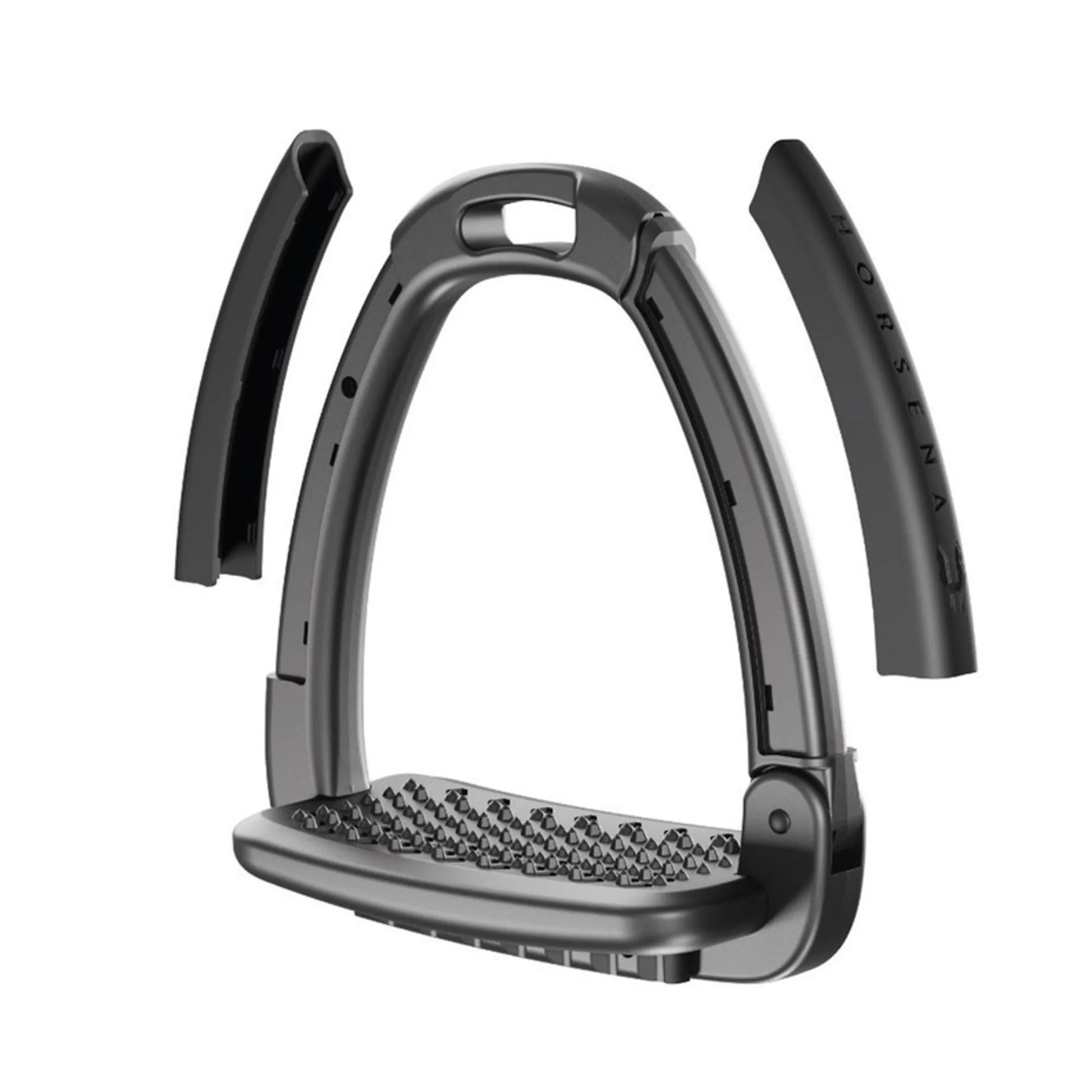 Horsena Swap Stirrup With Double Side Cover in black, detachable side panels, durable equestrian riding accessory