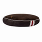 Round Dog Bed - Preppy Color Block Bed with Removable Washable Cover in dark brown with white and red accent stripes.