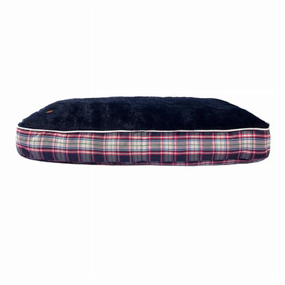 Rectangular Dog Bed - Plush Cushioned Bed with Removable Washable Cover in navy blue with plaid sides for pets