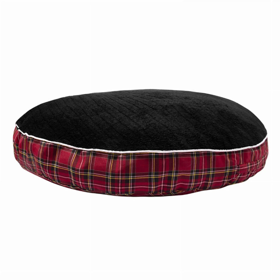 Round Dog Bed - Plush Red Plaid Cuddler Bed with Removable Washable, view 3
