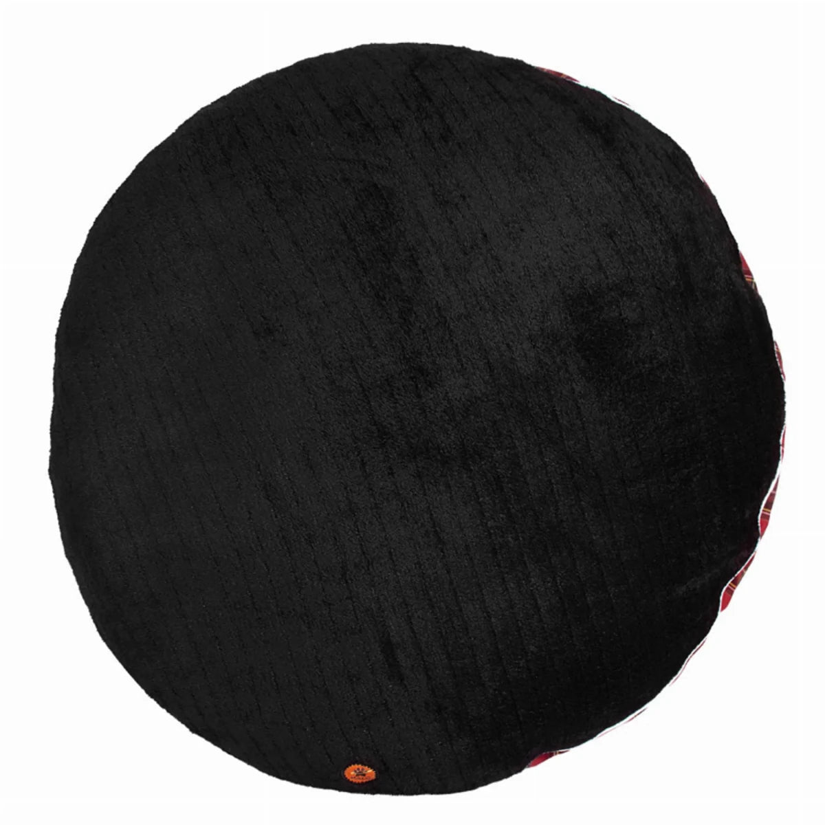 Round Dog Bed - Plush Red Plaid Cuddler Bed with Removable Washable Cover showing soft black top surface pet bed
