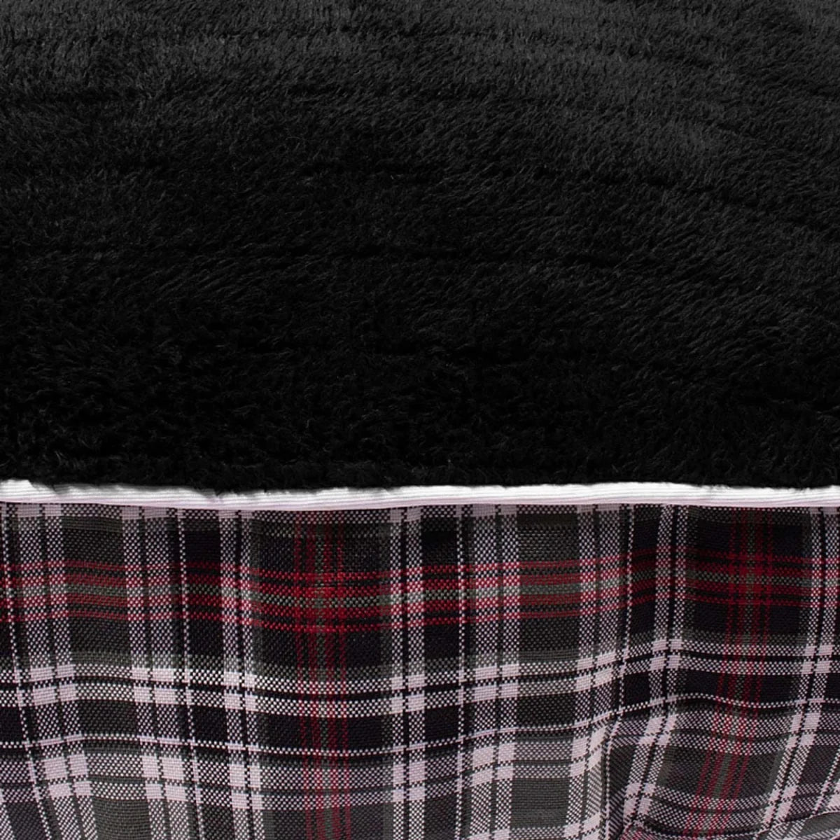 Halo Duck Green Plaid Round Dog Bed - Plush Nesting Bed with Bolster Sides & Removable Washable Cover showing black plush top and plaid fabric side