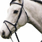 White horse wearing Henri de Rivel Pro Padded Dressage Bridle with Flash and Web Reins - Black/White - Oversize.
