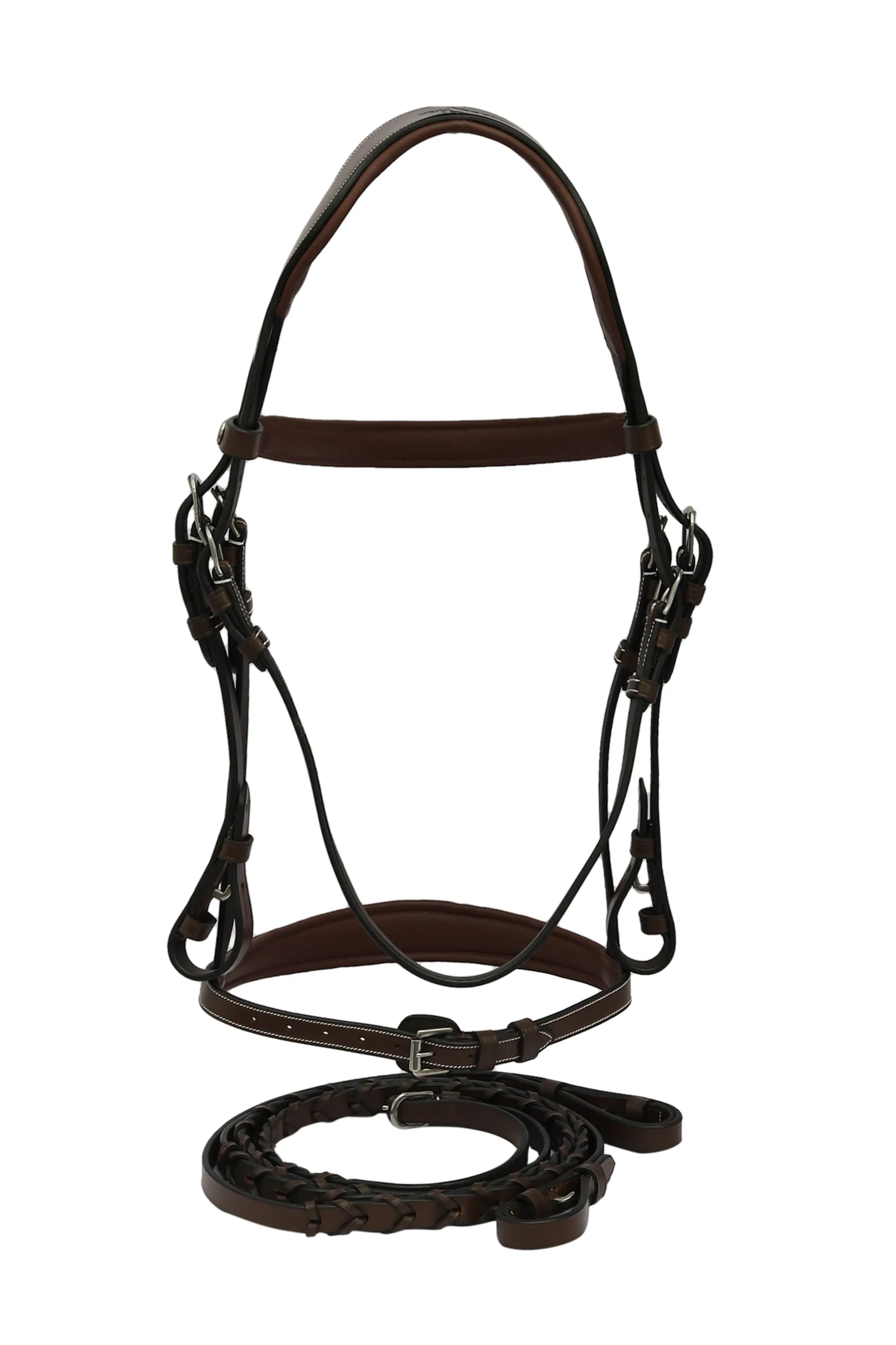 Henri de Rivel Pro Mono-Crown Padded Wide Noseband Bridle - Australian Nut - Cob in dark brown leather with reins