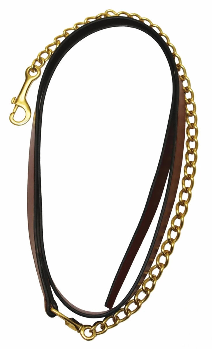 Henri de Rivel Pro Collection Leather Lead with Solid Brass Chain featuring rich brown leather and durable brass hardware for horse tack use