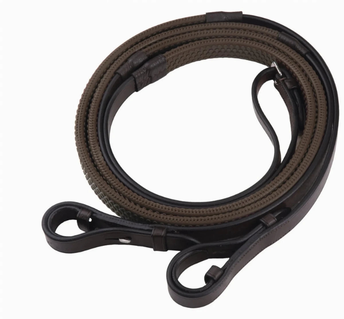 Henri de Rivel Advantage Rubber Reins in brown with black leather detailing for comfortable horse riding control