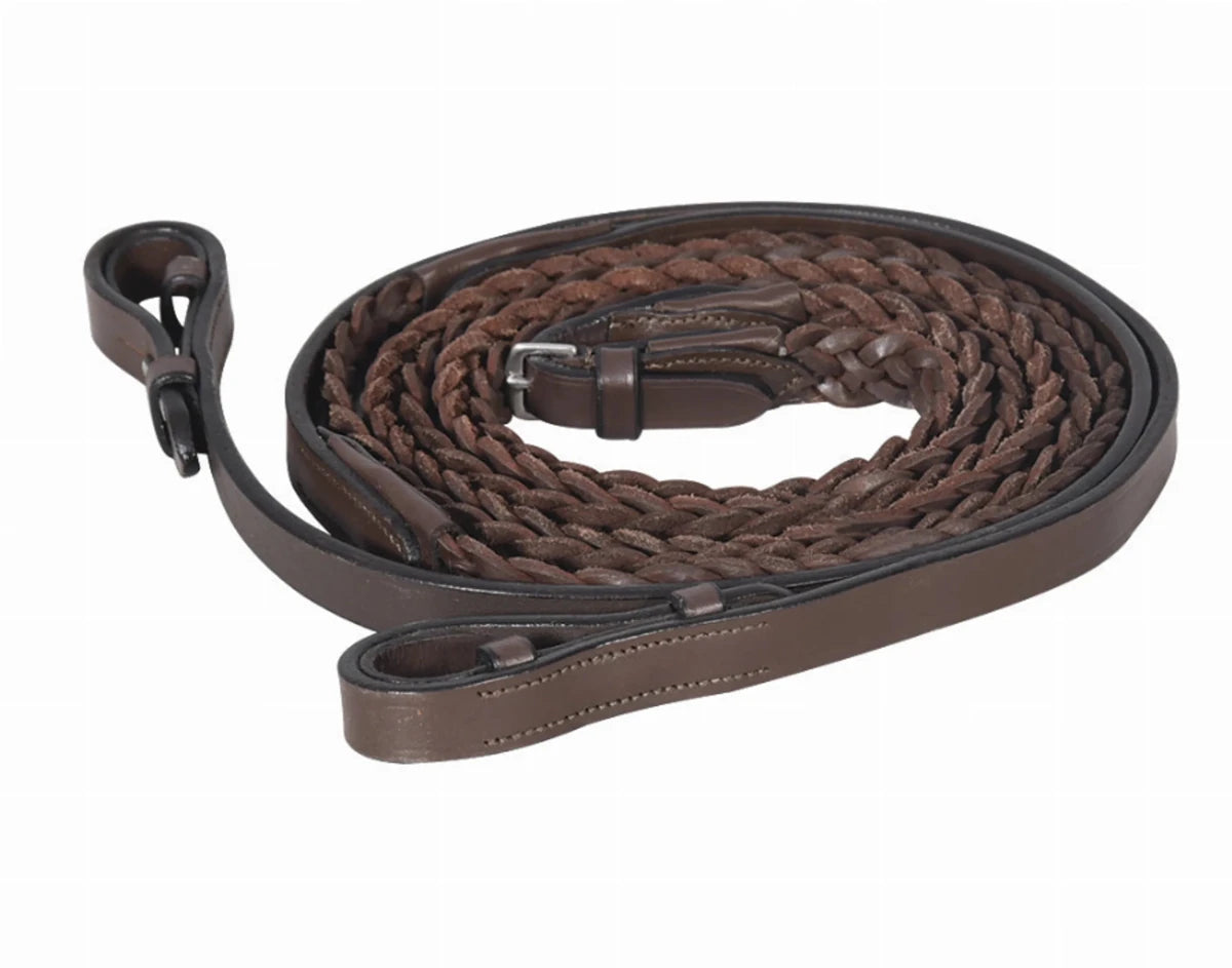 Henri de Rivel Advantage Plaited Reins in brown leather with braided detailing for equestrian use
