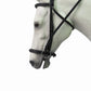 White horse head wearing Henri de Rivel Pro Mono Crown Padded Bridle - Premium Comfort English Bridle with Laced Reins.