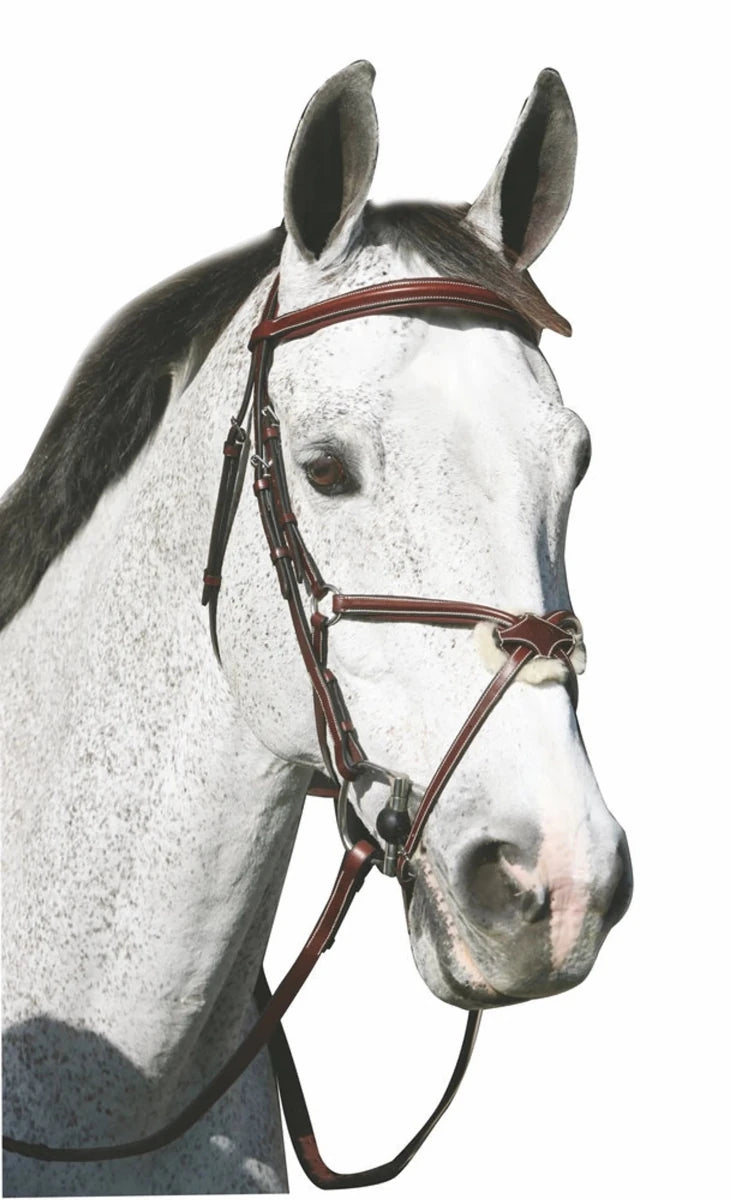 White horse wearing Horse Bridle - Henri de Rivel Pro Mono Crown Raised Figure Eight Bridle with Rubber Reins brown leather tack