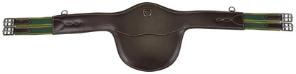 Henri de Rivel Belly Guard Girth with padded leather belly protection and green elastic straps for horse tack equestrian use