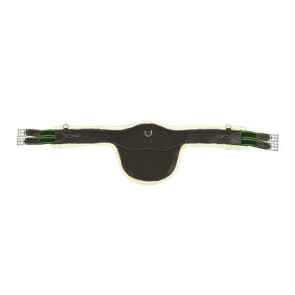 Henri de Rivel Anatomic Jumping Belly Guard Girth with Sherpa Fleece-Havana-46 in brown with green straps and silver buckles