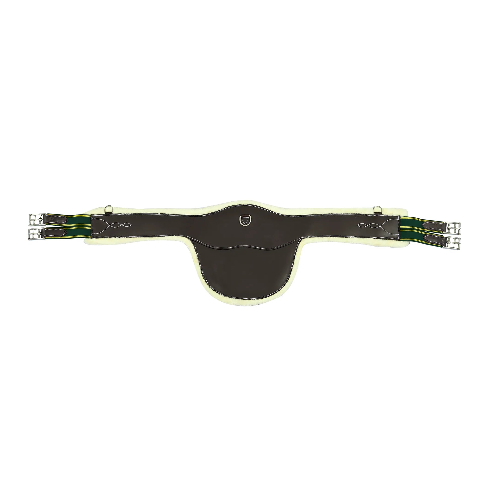 Henri de Rivel Anatomic Jumping Belly Guard Girth with Sherpa Fleece-Havana-46 in dark brown with green straps and silver buckles