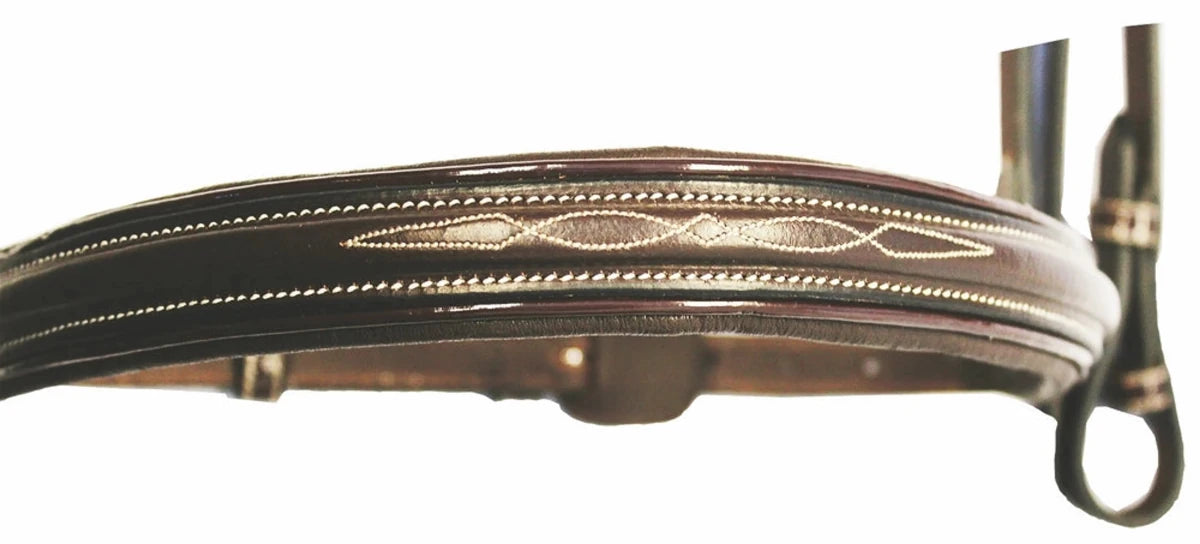 Henri de Rivel Pro Mono Crown Fancy Bridle - Patent Leather Piping with White Stitching & Laced Reins close up detail