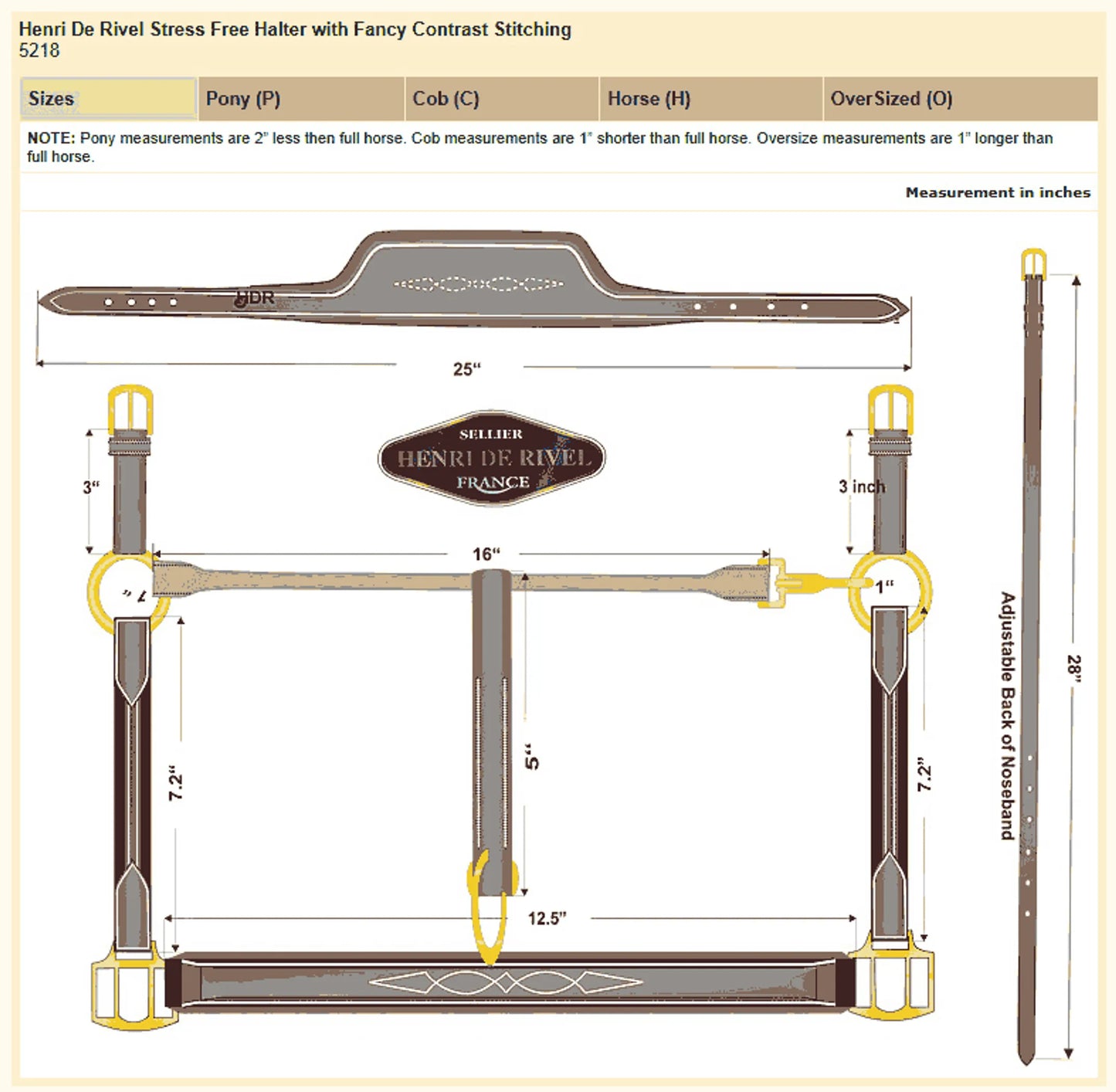 Henri de Rivel Stress Free Halter With Fancy Contrast Stitching - Australian Nut - Cob detailed size and parts diagram