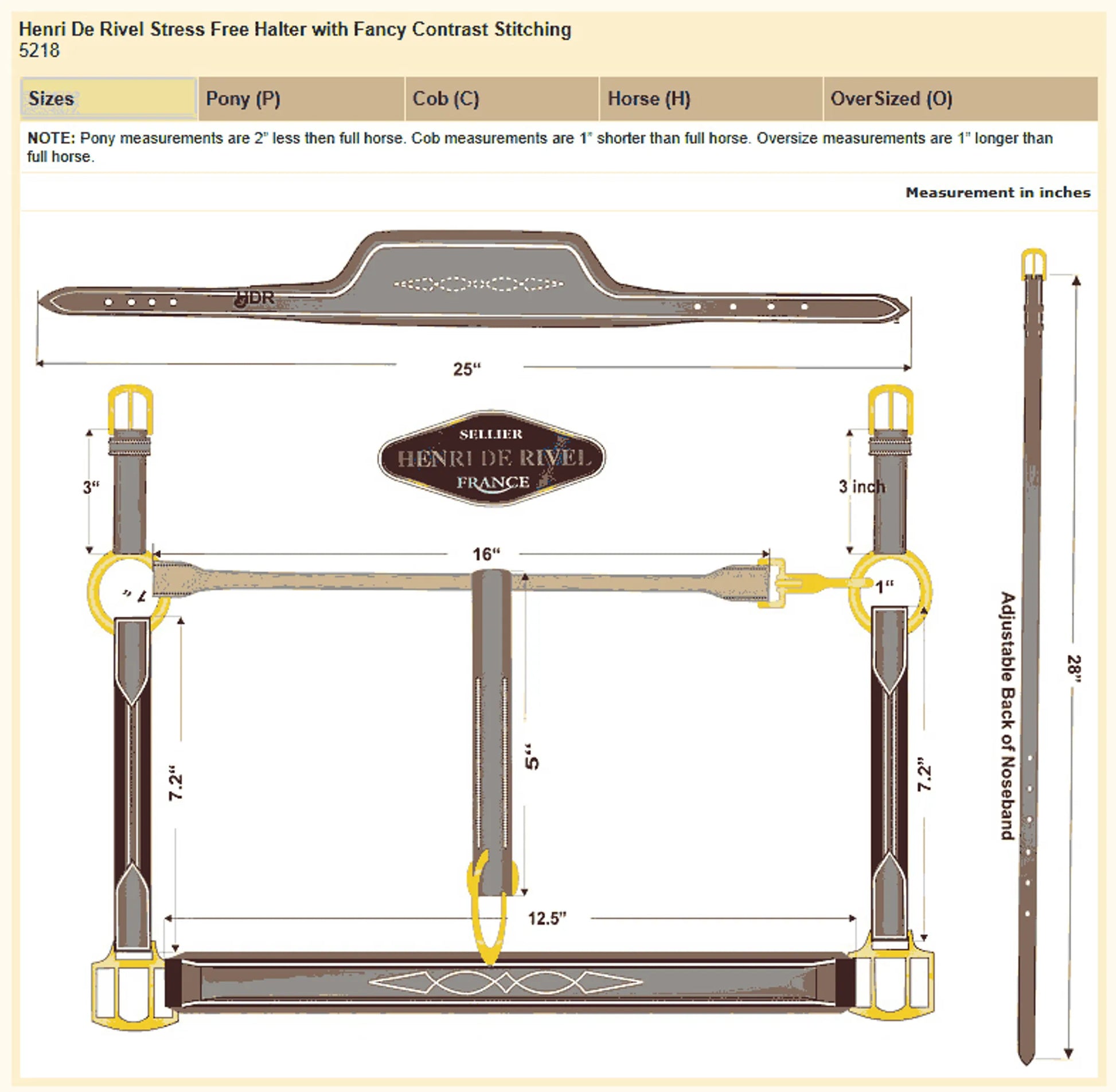 Henri de Rivel Stress Free Halter With Fancy Contrast Stitching - Australian Nut - Cob detailed size and parts diagram