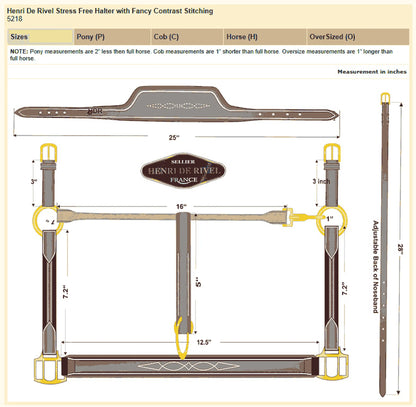Henri de Rivel Stress Free Halter With Fancy Contrast Stitching - Australian Nut - Cob detailed size and parts diagram