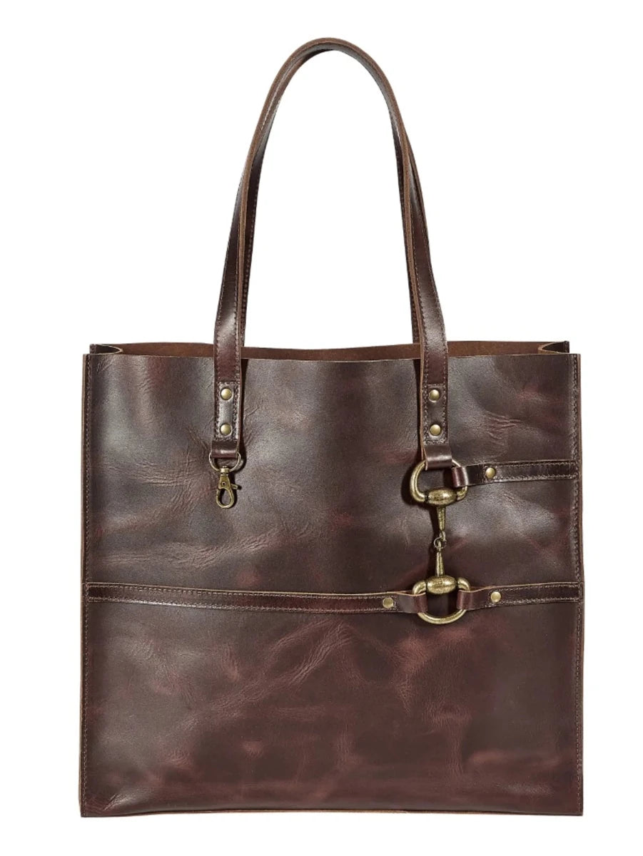 AWST Int'l Snaffle Bit Leather Tote Bag- Black with brass snaffle bit detail and durable leather straps