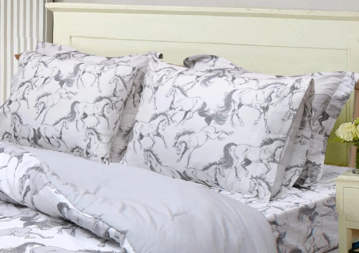 AWST Int'l "Lila" Elegant Horse Sheet Set- White w/ Gray- King with galloping horse prints on pillows and sheets