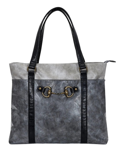 AWST Int'l Colorblock Snaffle Bit Laptop Tote- Brown with black straps and gold snaffle bit detail for pet supplies lovers