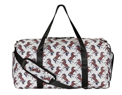 AWST Int'l "Lila" Galloping Bay Horses Duffle Bag- Beige with black straps and horse pattern, pet travel accessory