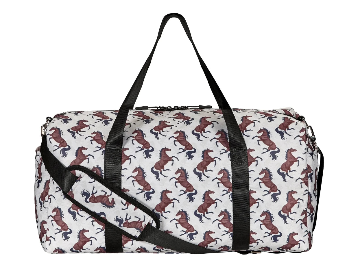 AWST Int'l "Lila" Galloping Bay Horses Duffle Bag- Beige with brown horses and black straps, pet travel accessory