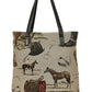 AWST Int'l Equestrian Tapestry Pattern Tote Bag with Snaffle Bit featuring horse and riding gear design and black straps.