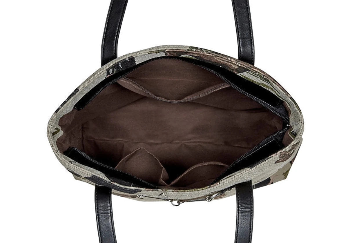 AWST Int'l Equestrian Tapestry Pattern Tote Bag with Snaffle Bit showing spacious brown interior and black handles