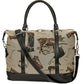 Leather-trimmed tote bag featuring AWST Int'l Equestrian Tapestry Pattern with horse and riding equipment designs.