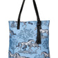 AWST Int'l "Lila" Blue Toile Pattern Tote Bag with Tassel featuring horse and tree design with black handles