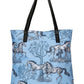 AWST Int'l "Lila" Blue Toile Pattern Tote Bag with Tassel featuring horse and tree design with black handles