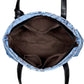 Interior view of AWST Int'l "Lila" Blue Toile Pattern Tote Bag with Tassel showing spacious brown lining and pockets