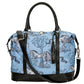 AWST INTL LILA BLUE TOILE PATTERN TRAVEL BAG withTASSEL featuring horses and tree design with black handles and straps
