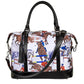 AWST Int'l "Lila" Jumper Pattern Travel Bag w/ Tassel featuring horse jumping print and black leather handles and base