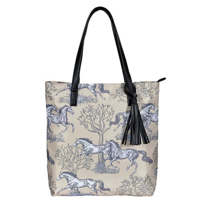 AWST Int'l "Lila" Toile Pattern w/ Tassel- Beige tote bag with horse design and black handles, stylish and spacious accessory.