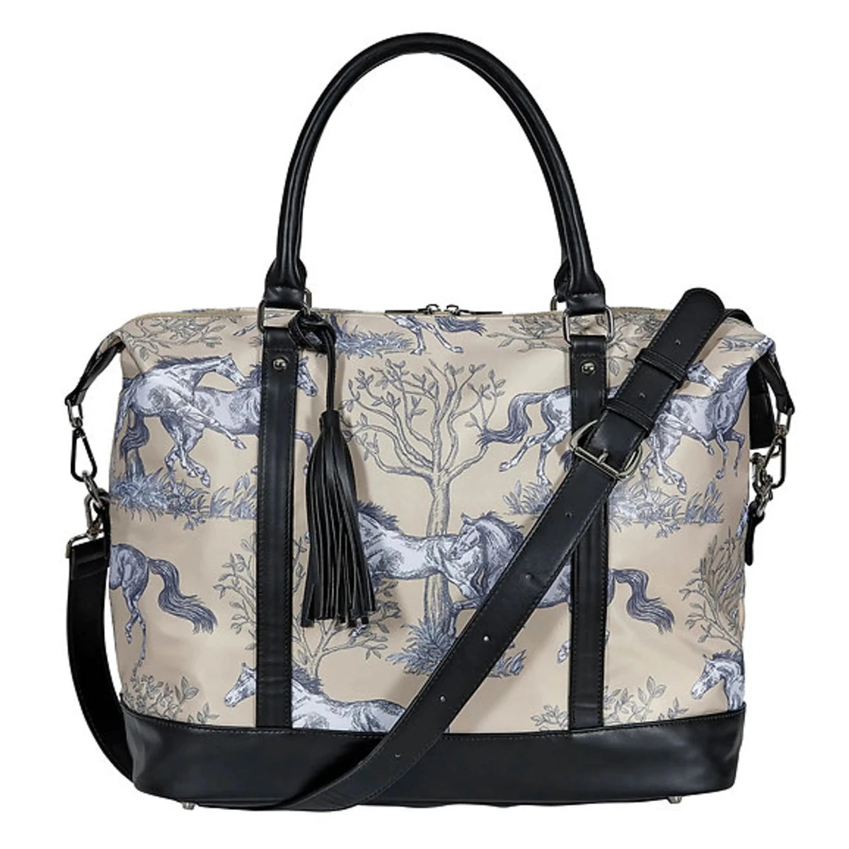 AWST Int'l "Lila" Toile Pattern Travel Bag w/ Tassel- Beige featuring horse design and black handles and strap
