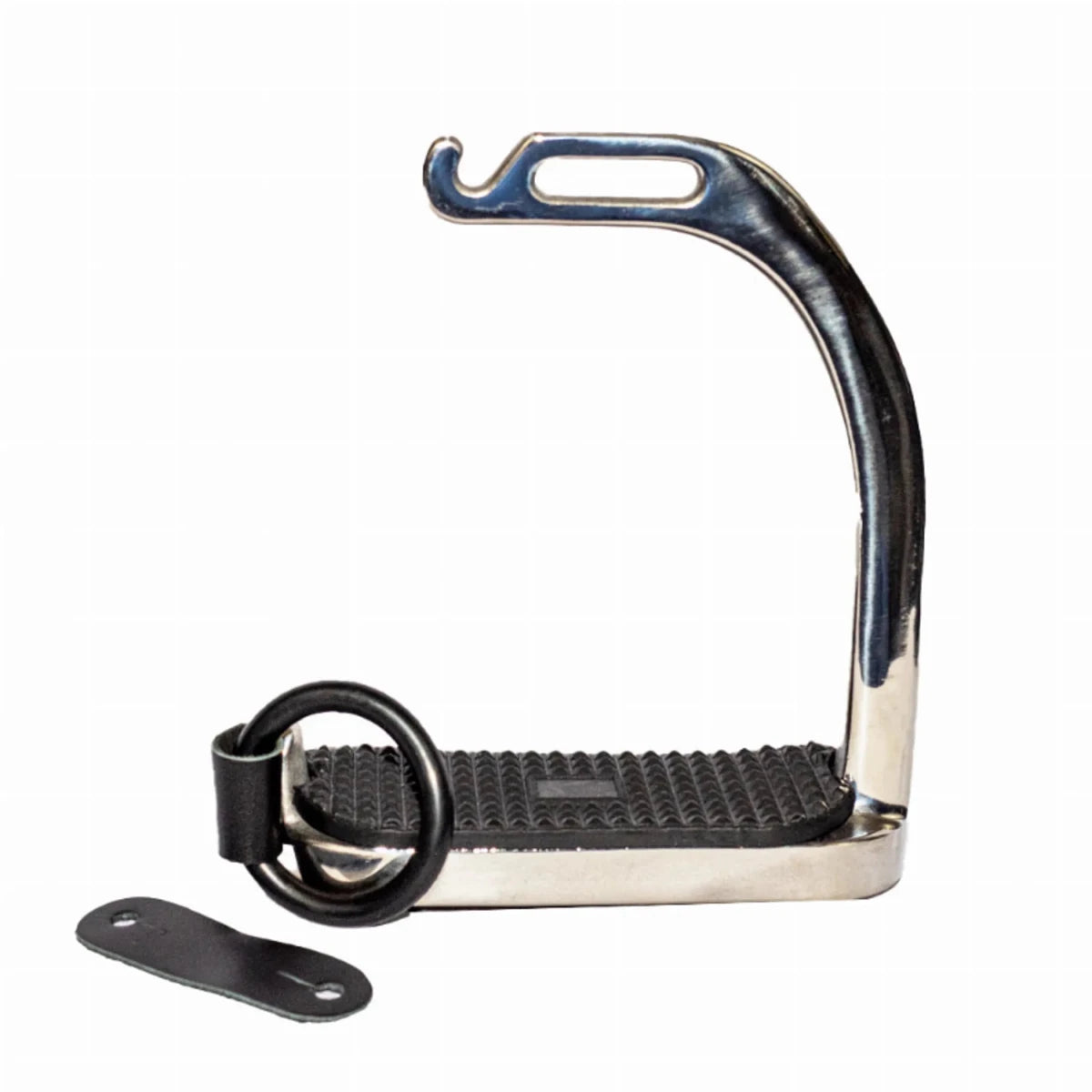 TuffRider Knife Edge Safety Stirrups with textured footbed and leather strap for secure equestrian riding equipment.