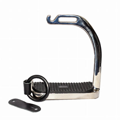 Silver metal stirrup with a black grip pad and strap shown alongside TuffRider Knife Edge Safety Stirrups.