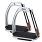 TuffRider Stainless Steel Peacock Safety Stirrups - 4 1/2" with black rubber treads and elastic safety straps for horse riding